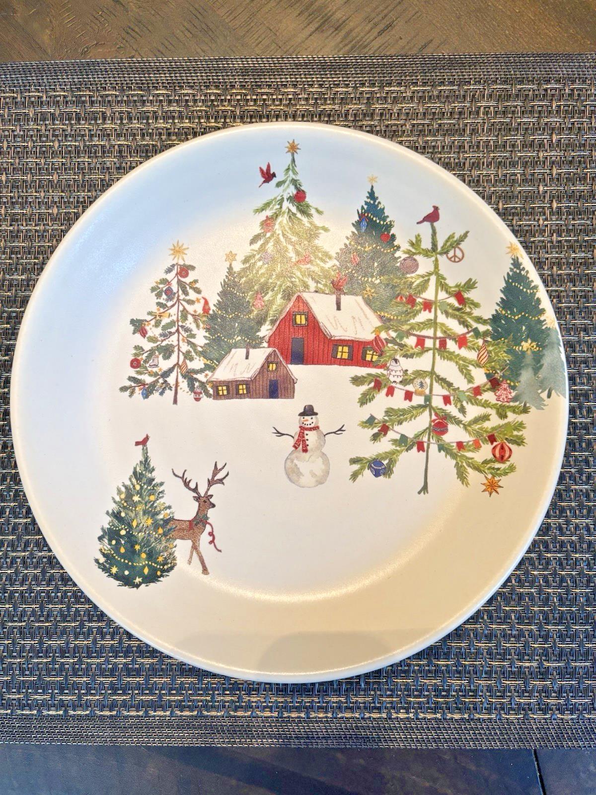 pottery barn Christmas Country Santa holiday Snowman gift kid Salad plate SET 4n