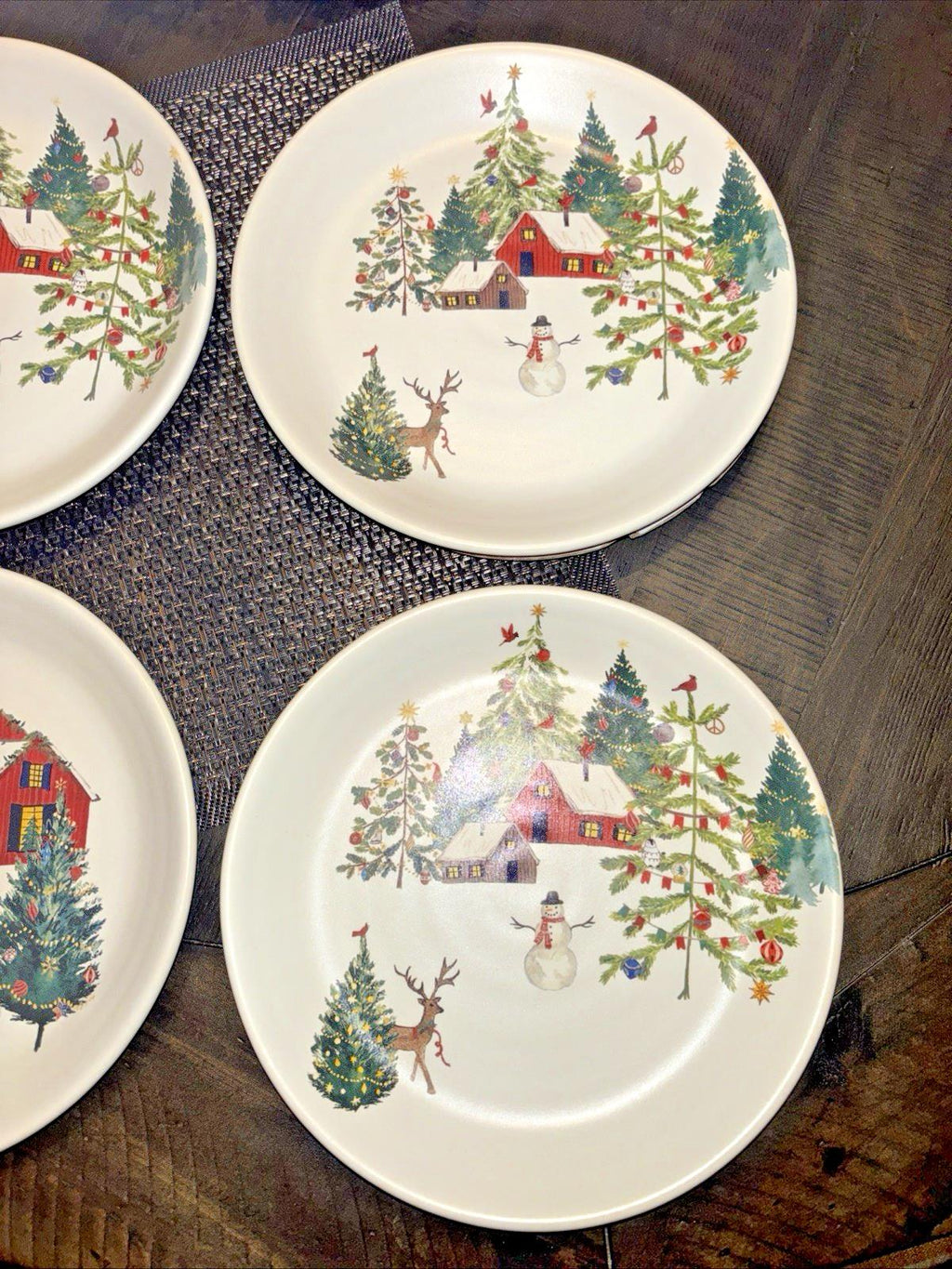 pottery barn Christmas Country Santa holiday Snowman gift kid Salad plate SET 4n