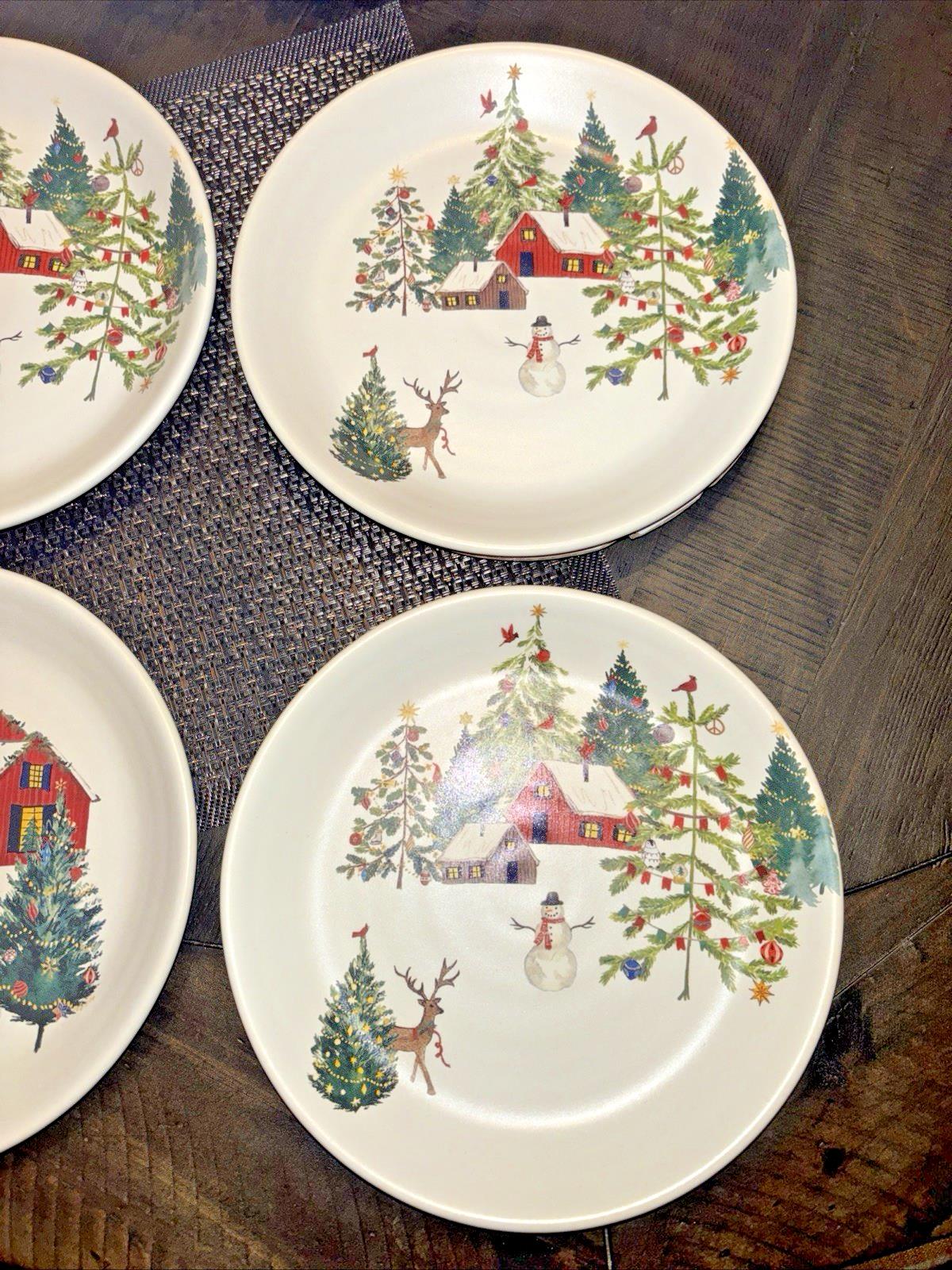pottery barn Christmas Country Santa holiday Snowman gift kid Salad plate SET 4n