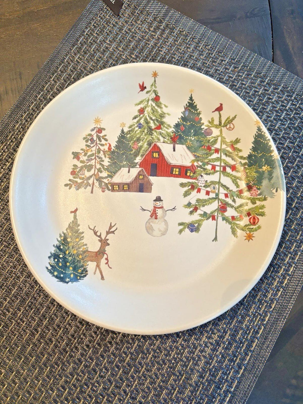 pottery barn Christmas Country Santa holiday Snowman gift kid Salad plate SET 4n