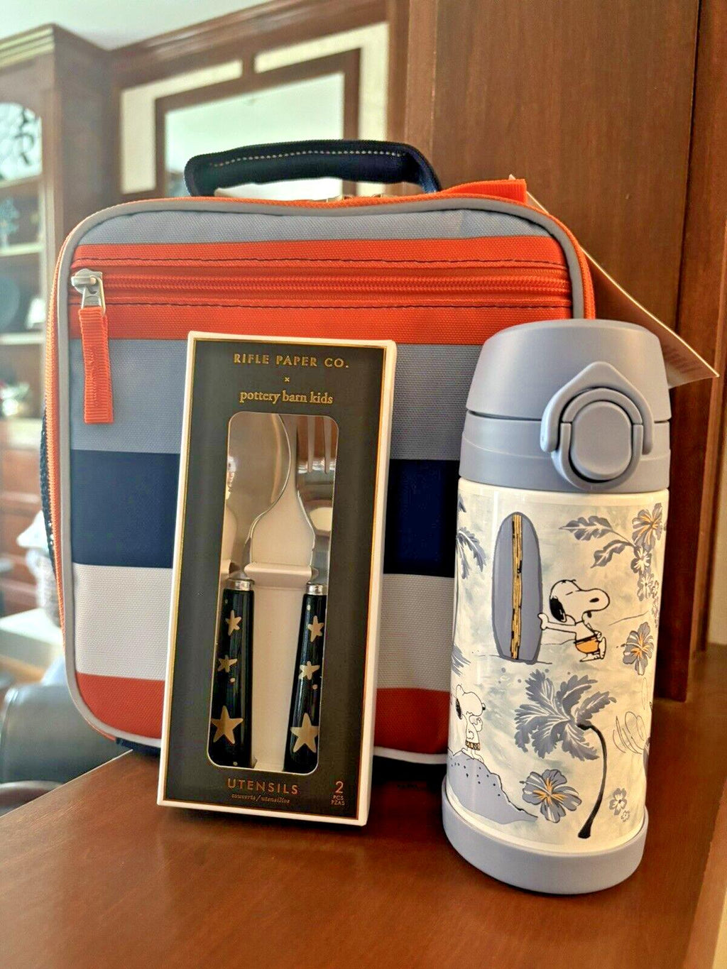 SNOOPY Pottery barn school LUNCH BOX bag Peanuts +Water +Utensil Travel set ]