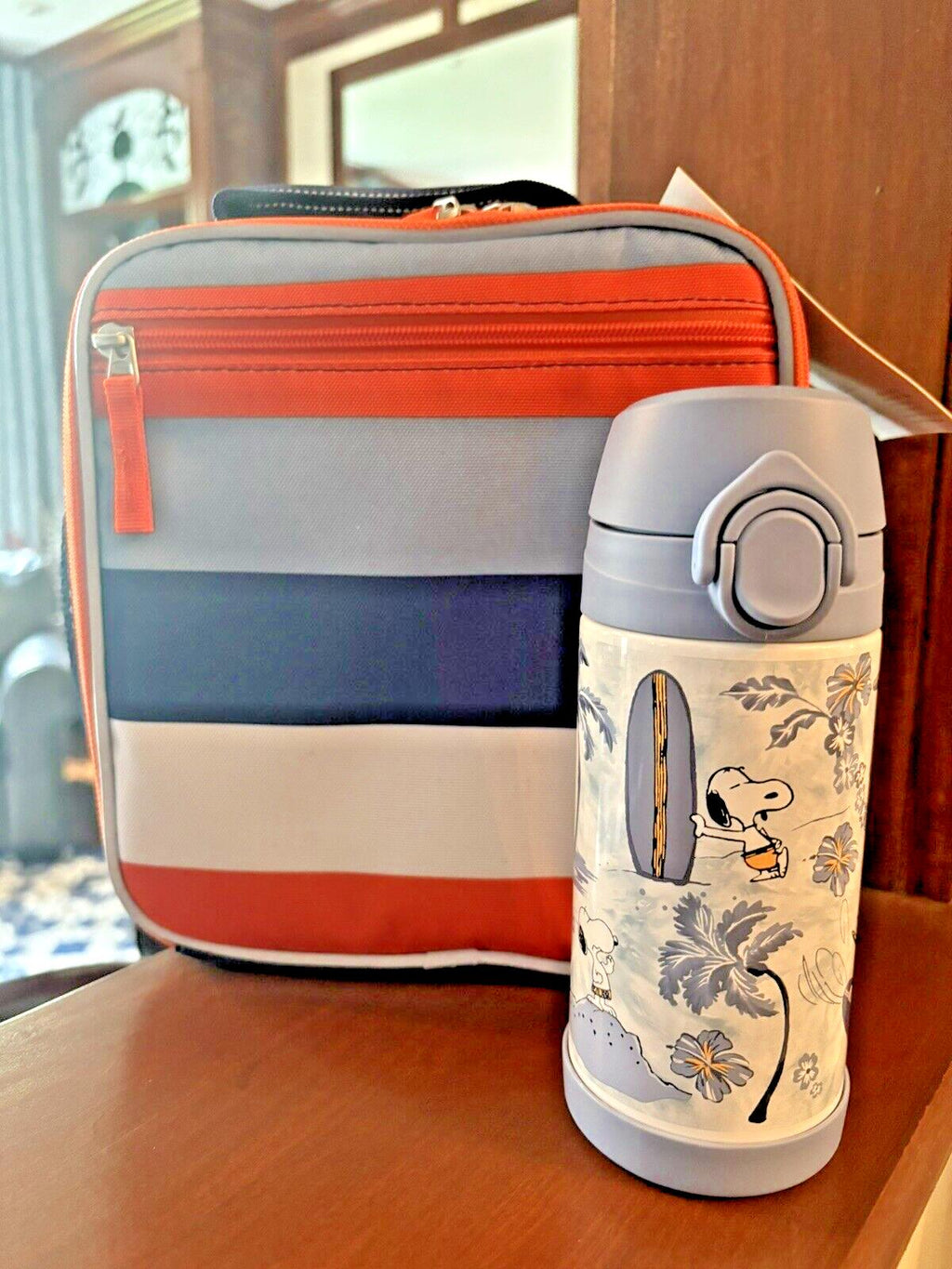 SNOOPY Pottery barn school LUNCH BOX bag Peanuts +Water +Utensil Travel set ]