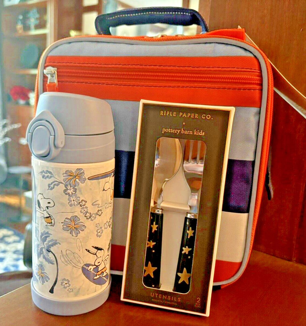 SNOOPY Pottery barn school LUNCH BOX bag Peanuts +Water +Utensil Travel set ]
