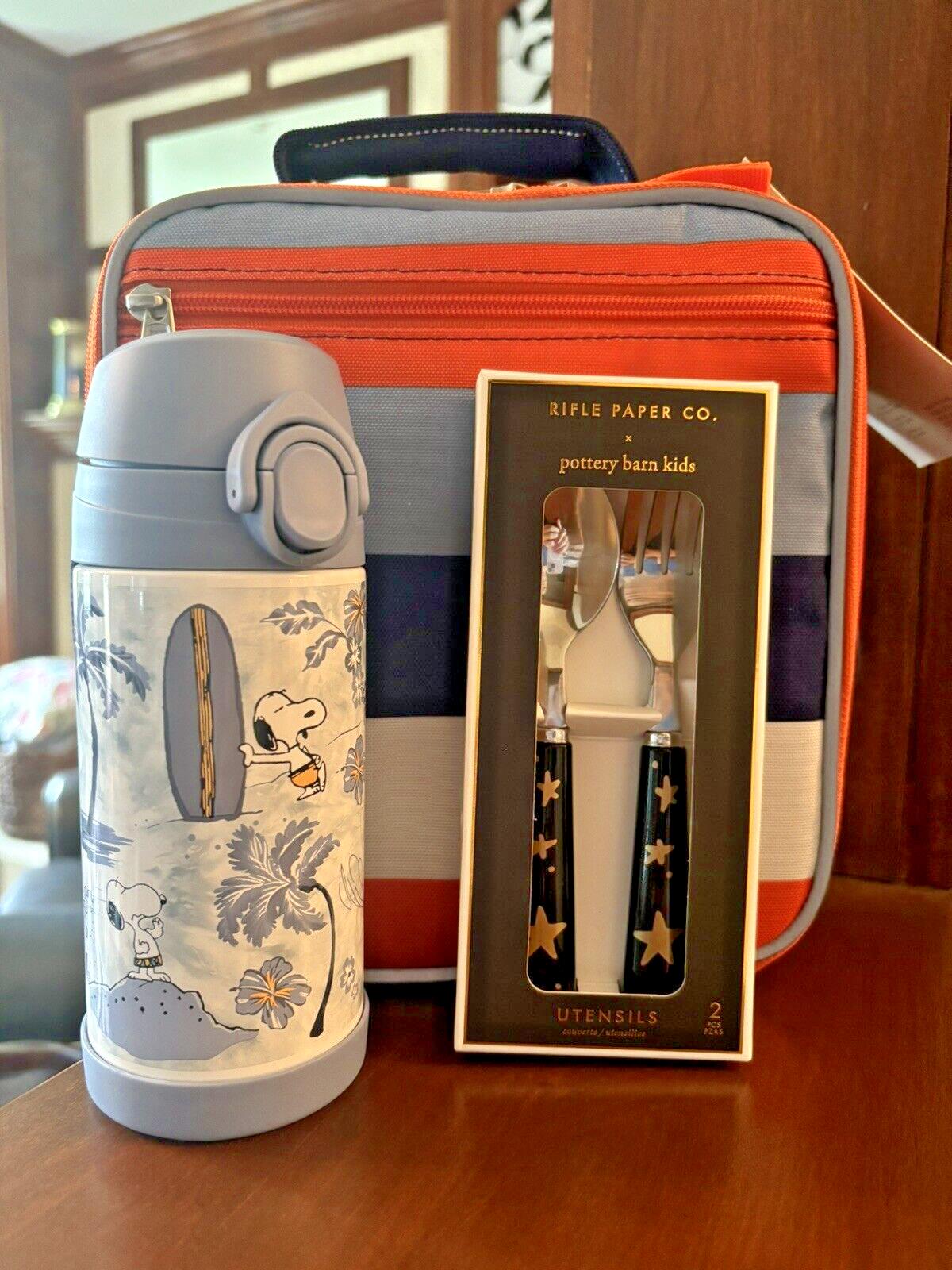 SNOOPY Pottery barn school LUNCH BOX bag Peanuts +Water +Utensil Travel set ]
