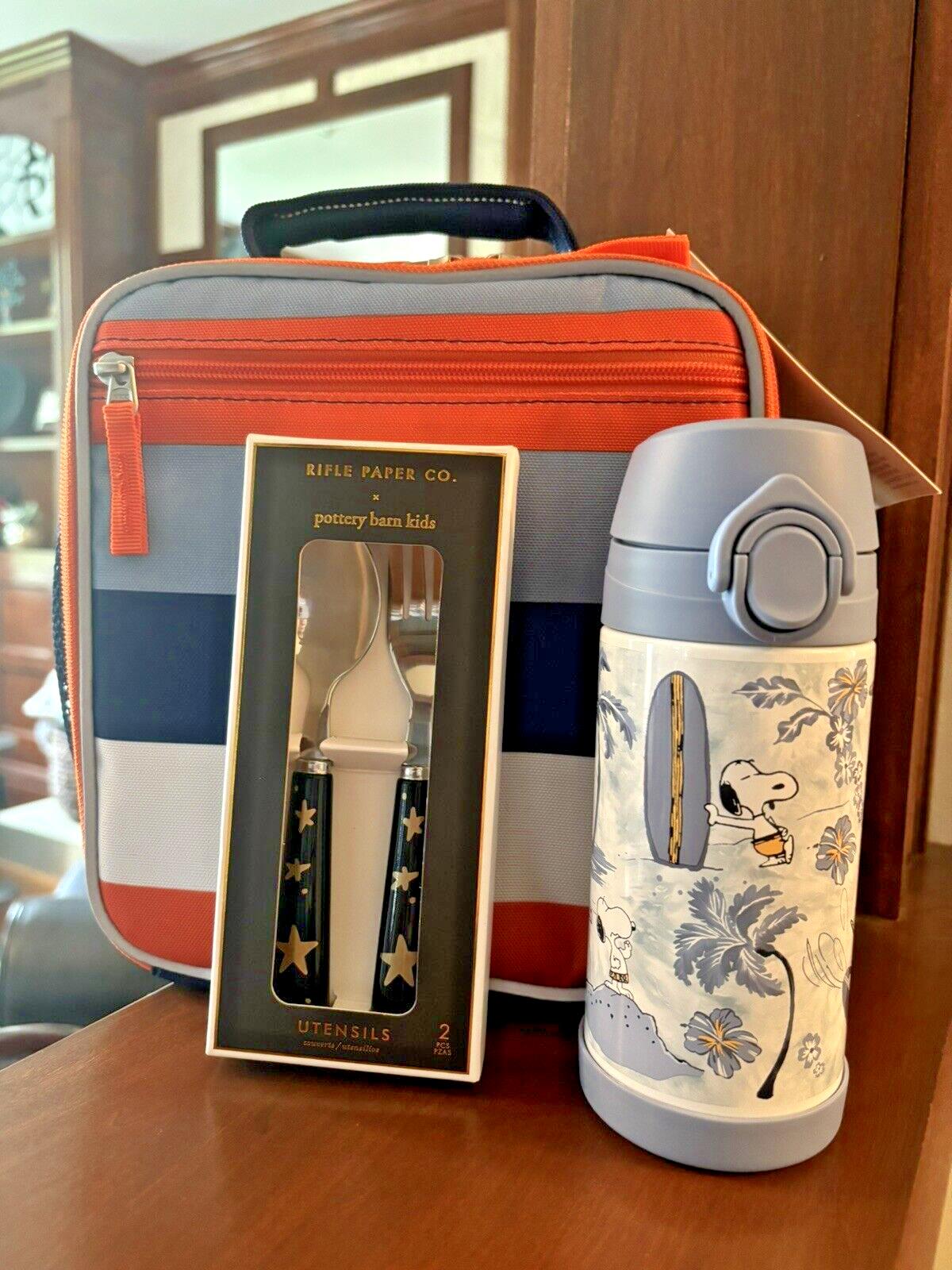 SNOOPY Pottery barn school LUNCH BOX bag Peanuts +Water +Utensil Travel set ]