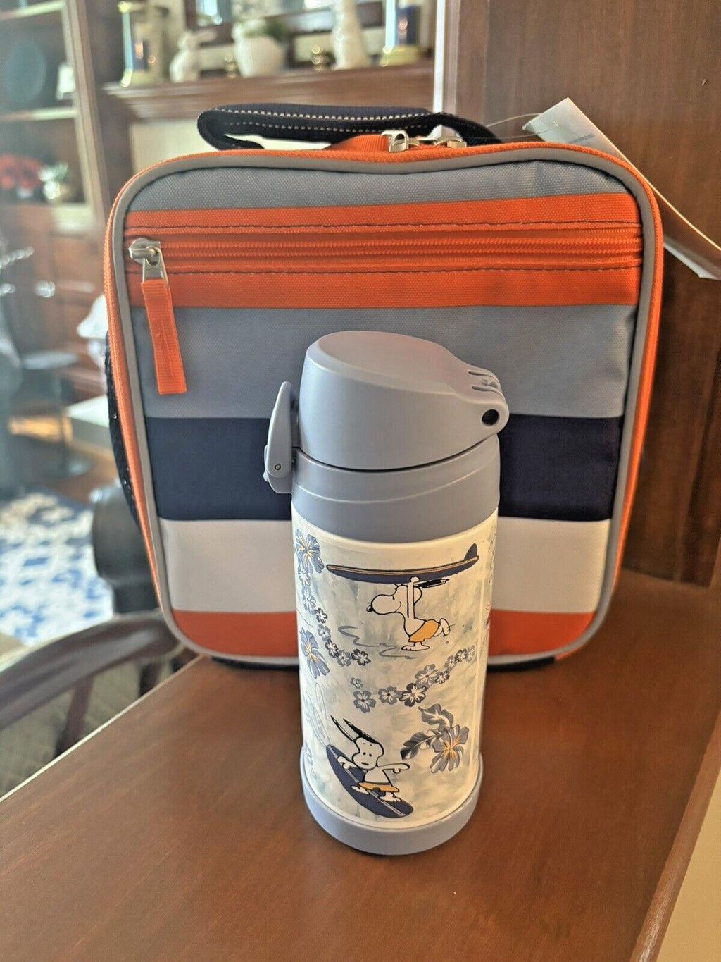 SNOOPY Pottery barn school LUNCH BOX bag Peanuts +Water +Utensil Travel set ]
