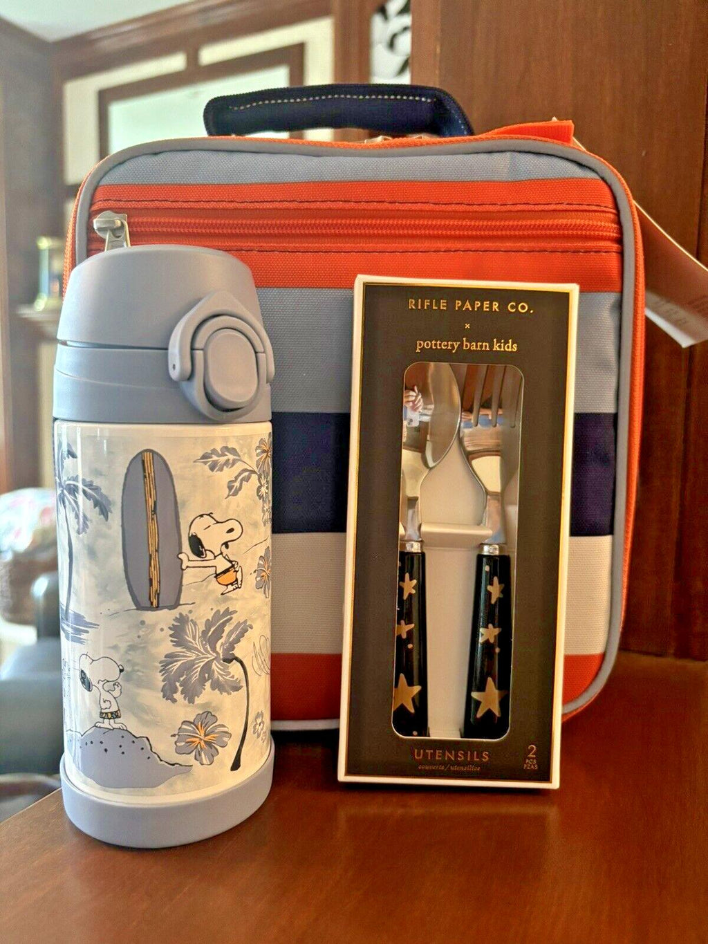 SNOOPY Pottery barn school LUNCH BOX bag Peanuts +Water +Utensil Travel set ]