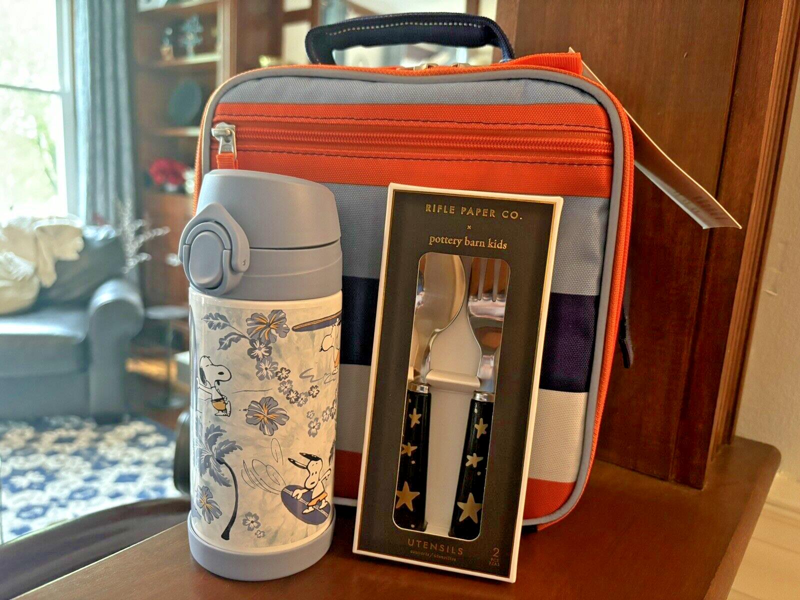 SNOOPY Pottery barn school LUNCH BOX bag Peanuts +Water +Utensil Travel set ]