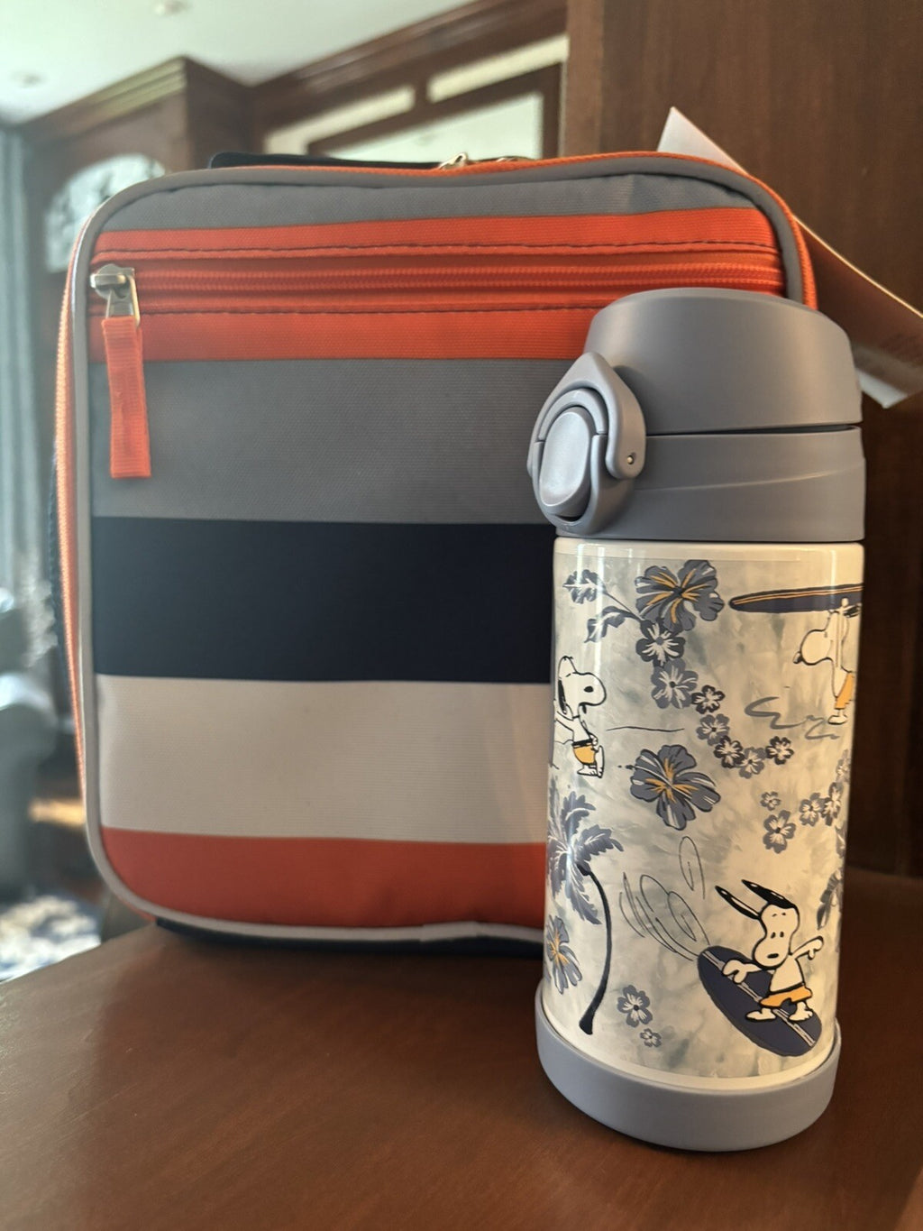 SNOOPY Pottery barn school LUNCH BOX bag Peanuts +Water +Utensil Travel set ]