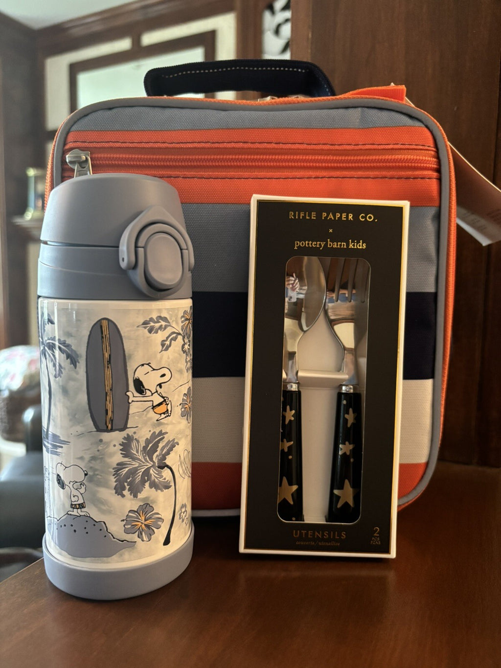 SNOOPY Pottery barn school LUNCH BOX bag Peanuts +Water +Utensil Travel set ]