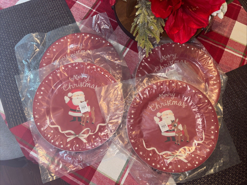 Disney Pottery Barn holiday Plate Rudolph Santa Christmas party birthday SET 4