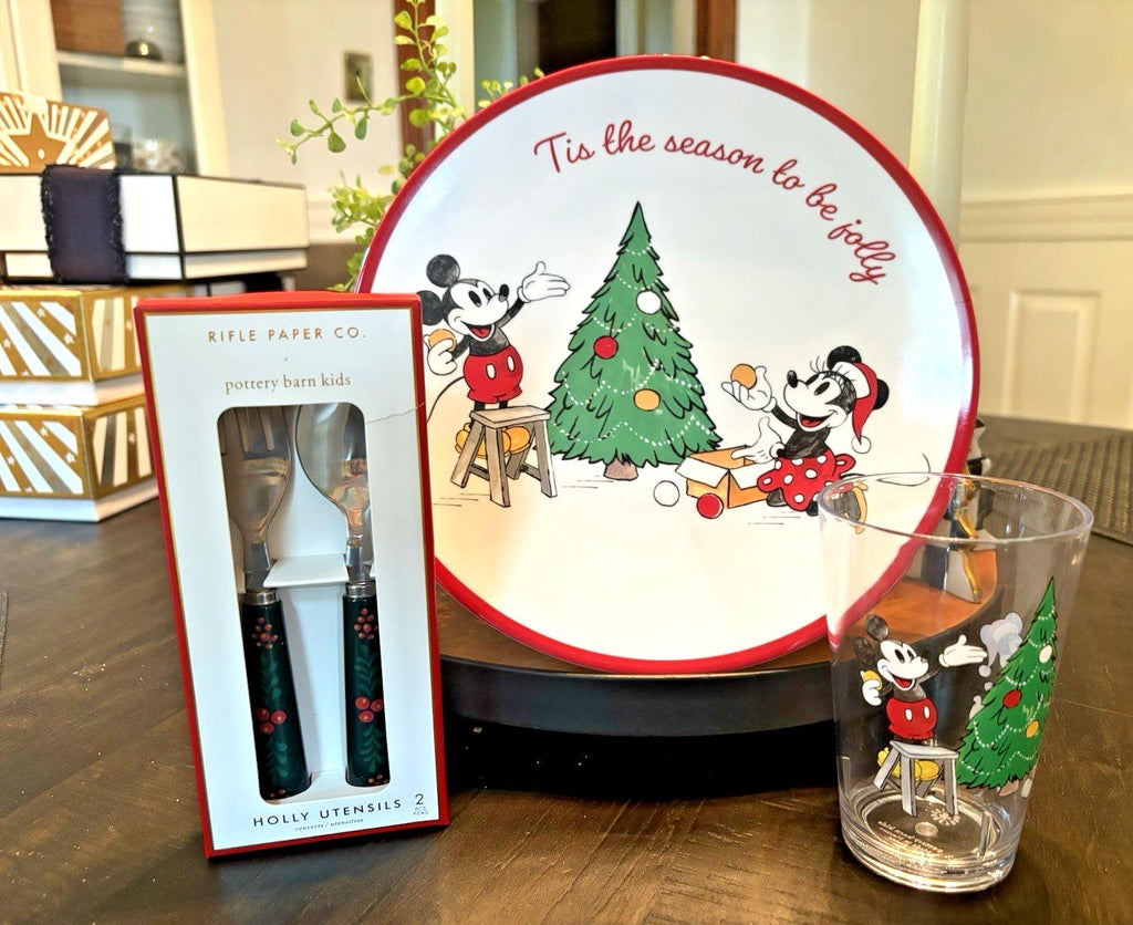 Disney Mickey Mouse Pottery Barn PLATE++CUP+UTENSIL Christmas holiday party set