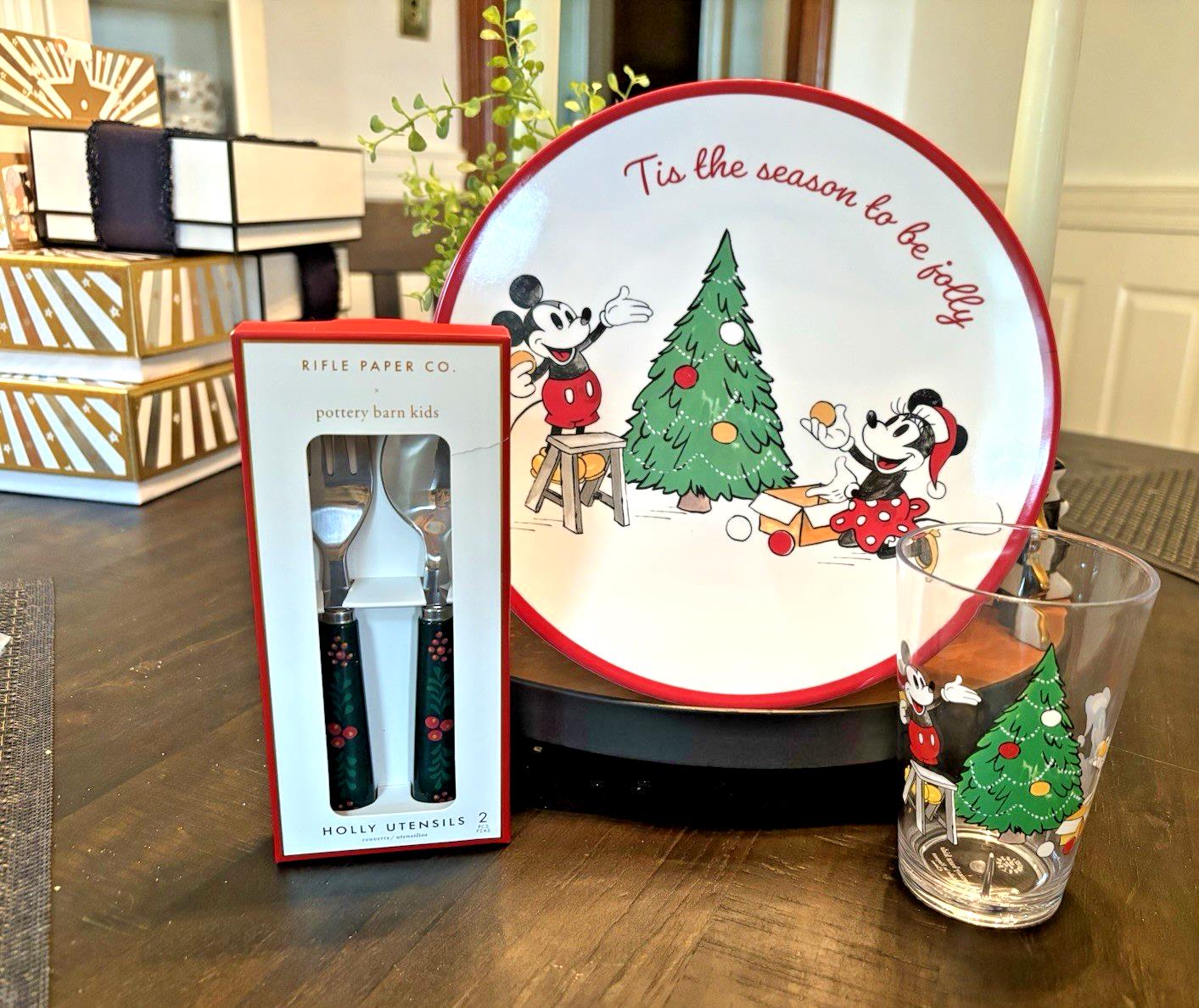 Disney Mickey Mouse Pottery Barn PLATE++CUP+UTENSIL Christmas holiday party set
