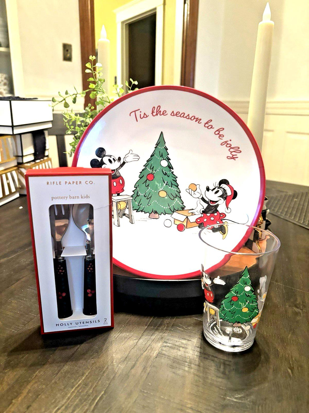 Disney Mickey Mouse Pottery Barn PLATE++CUP+UTENSIL Christmas holiday party set