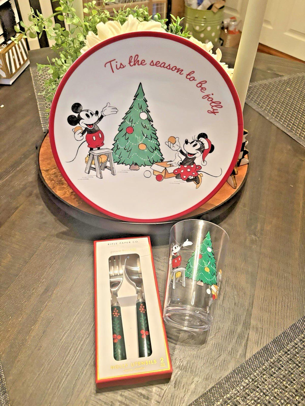 Disney Mickey Mouse Pottery Barn PLATE++CUP+UTENSIL Christmas holiday party set