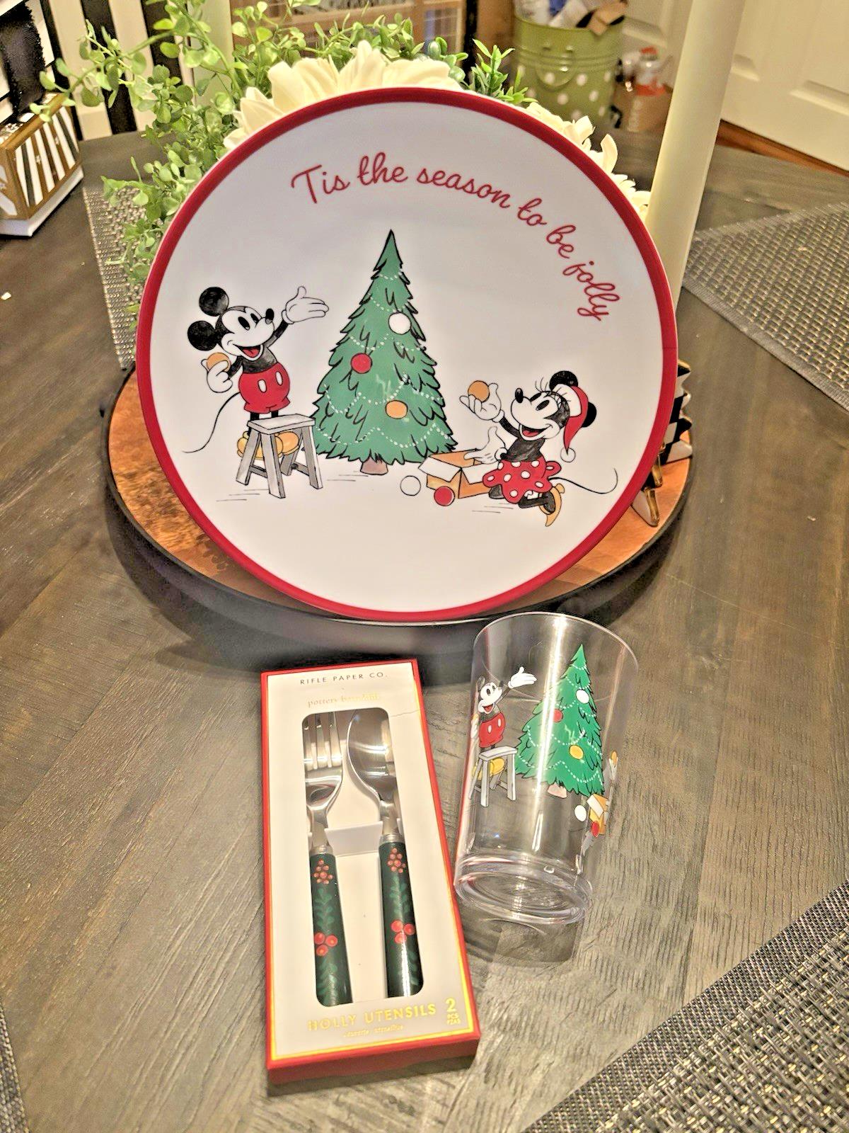 Disney Mickey Mouse Pottery Barn PLATE++CUP+UTENSIL Christmas holiday party set