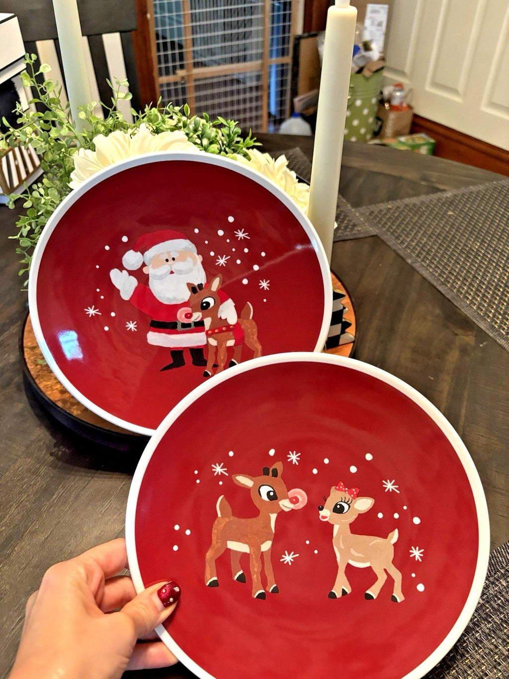 Pottery Barn holiday Rudolph Santa Christmas PLATE +UTENSIL Disney party SET 4 a