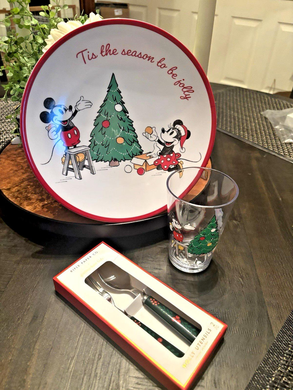 Disney Mickey Mouse Pottery Barn PLATE++CUP+UTENSIL Christmas holiday party set