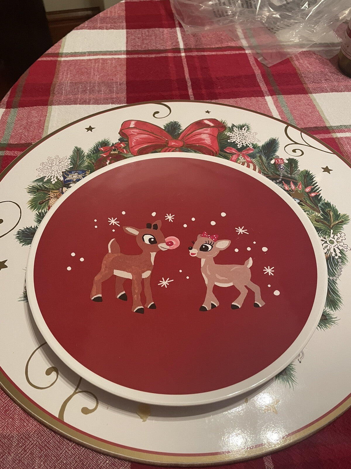 Pottery Barn holiday Rudolph Santa Christmas PLATE +UTENSIL Disney party SET 4 a