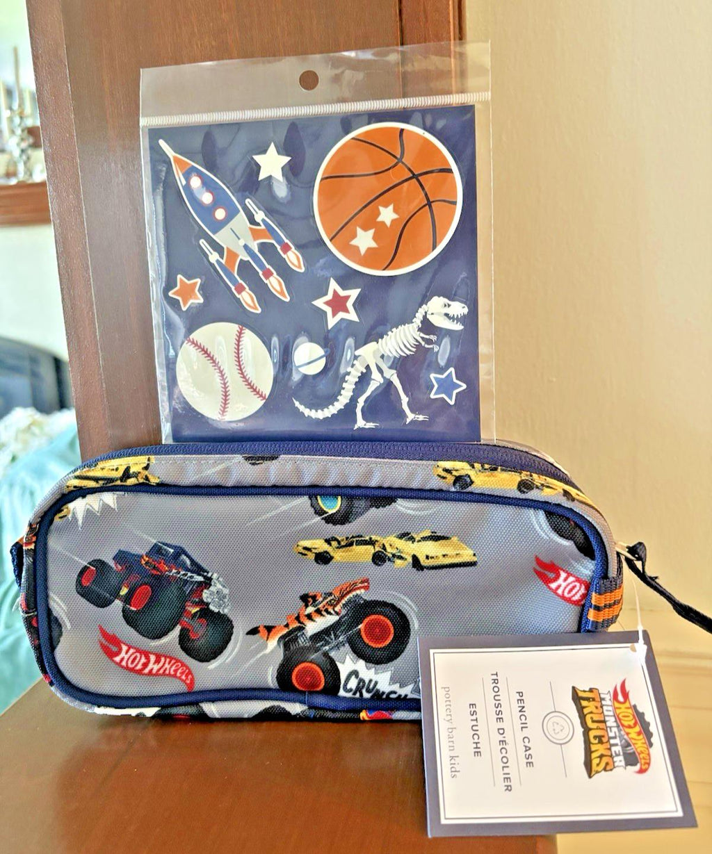 School Pottery Barn Hot Wheels Monster Truck Car PENCIL CASE BAG dinosaur Pre .