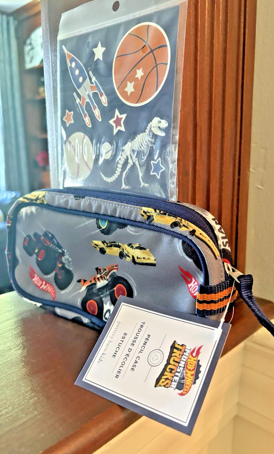 School Pottery Barn Hot Wheels Monster Truck Car PENCIL CASE BAG dinosaur Pre .