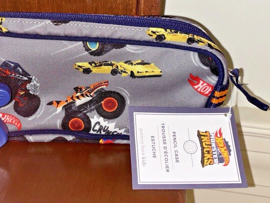 School Pottery Barn Hot Wheels Monster Truck Car PENCIL CASE BAG dinosaur Pre .