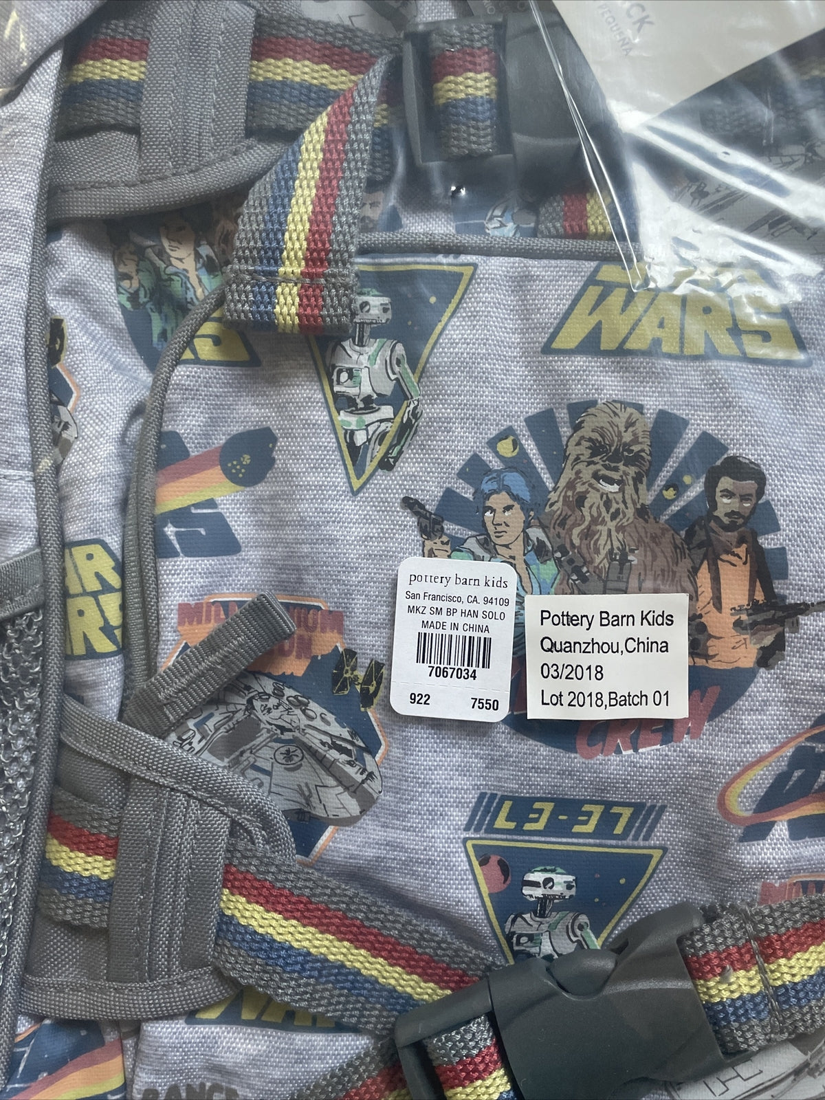Pottery Barn school Disney backpack Solo Grogu droid Mandalorian Jedi .