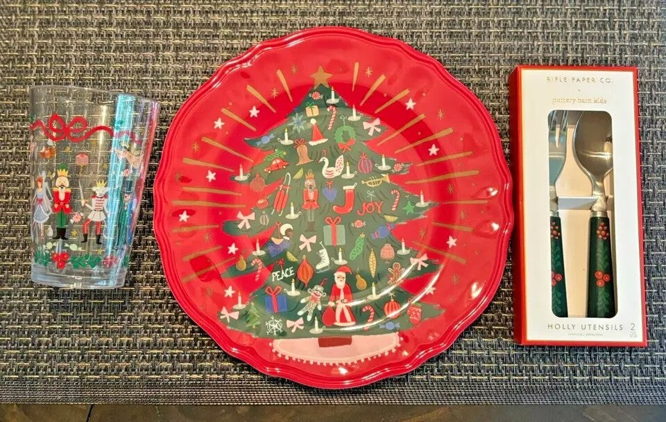 Pottery Barn Nutcracker Christmas PLATE Candy Cane Utensil  CUP holiday SET 12 m