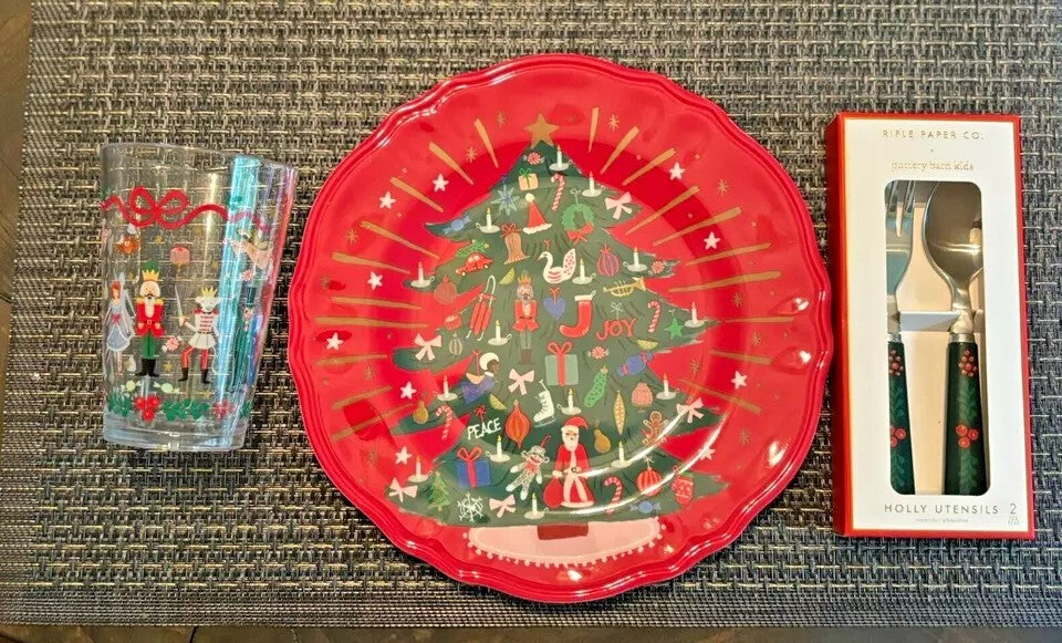 Pottery Barn Nutcracker Christmas PLATE Candy Cane Utensil  CUP holiday SET 12 m