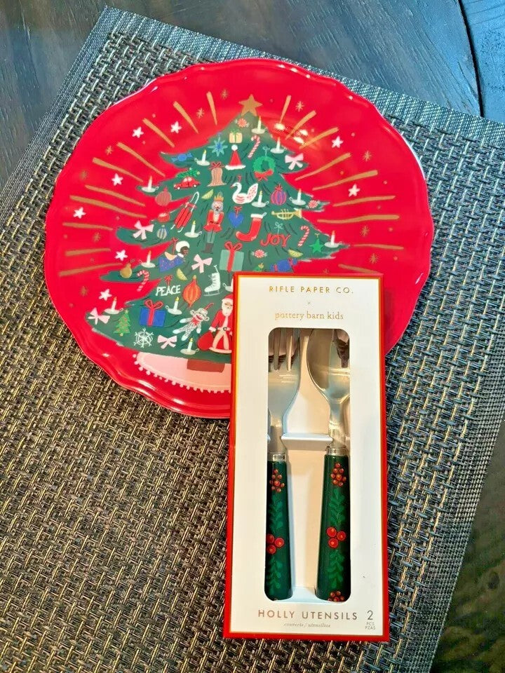 Pottery Barn Nutcracker Christmas PLATE Candy Cane Utensil  CUP holiday SET 12 m