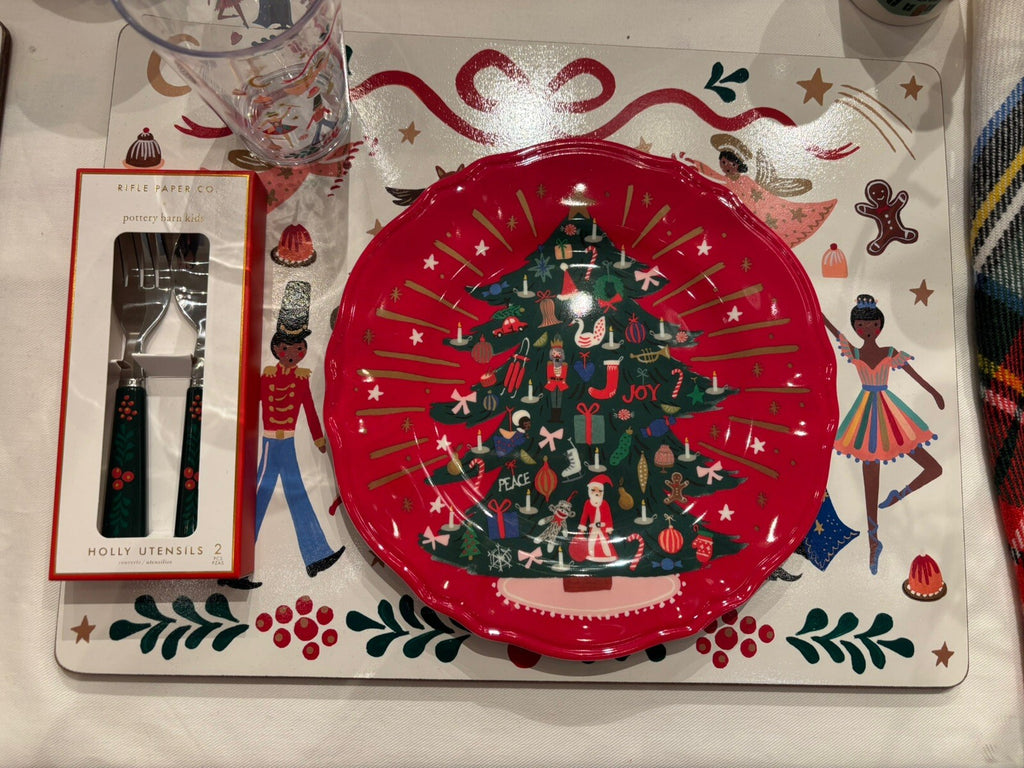 Pottery Barn Nutcracker Christmas PLATE Candy Cane Utensil  CUP holiday SET 12 m