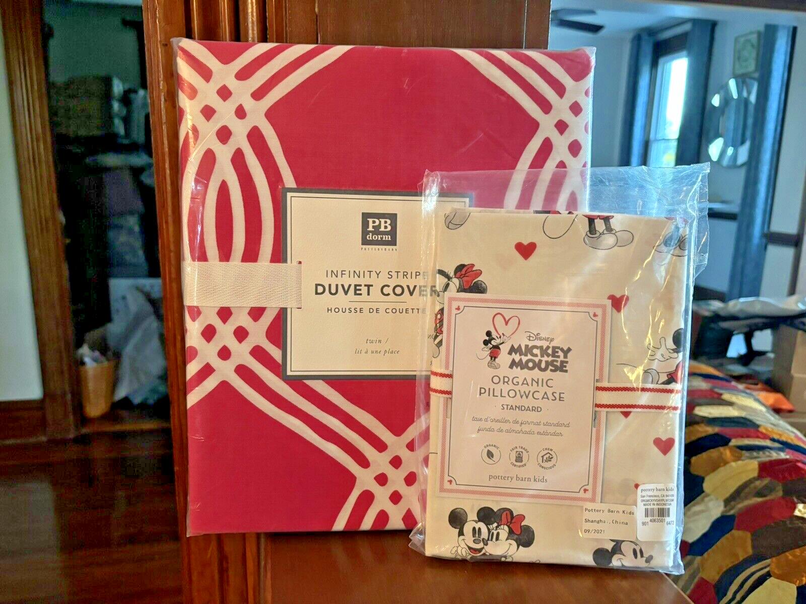 Pottery Barn Mickey Minnie Mouse holiday Disney Pink Duvet pillowcase bed SET 2.
