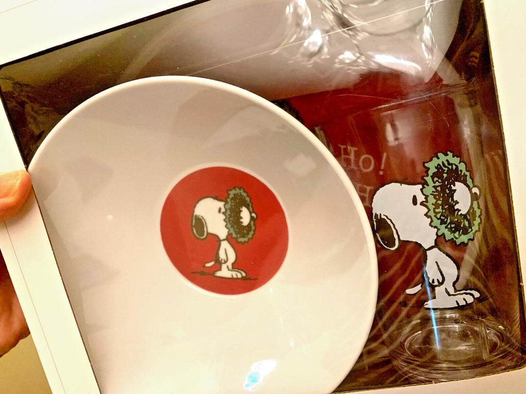 Snoopy Pottery Barn PLATE CUP BOWL school Christmas holiday GIFT peanuts SET 3 1