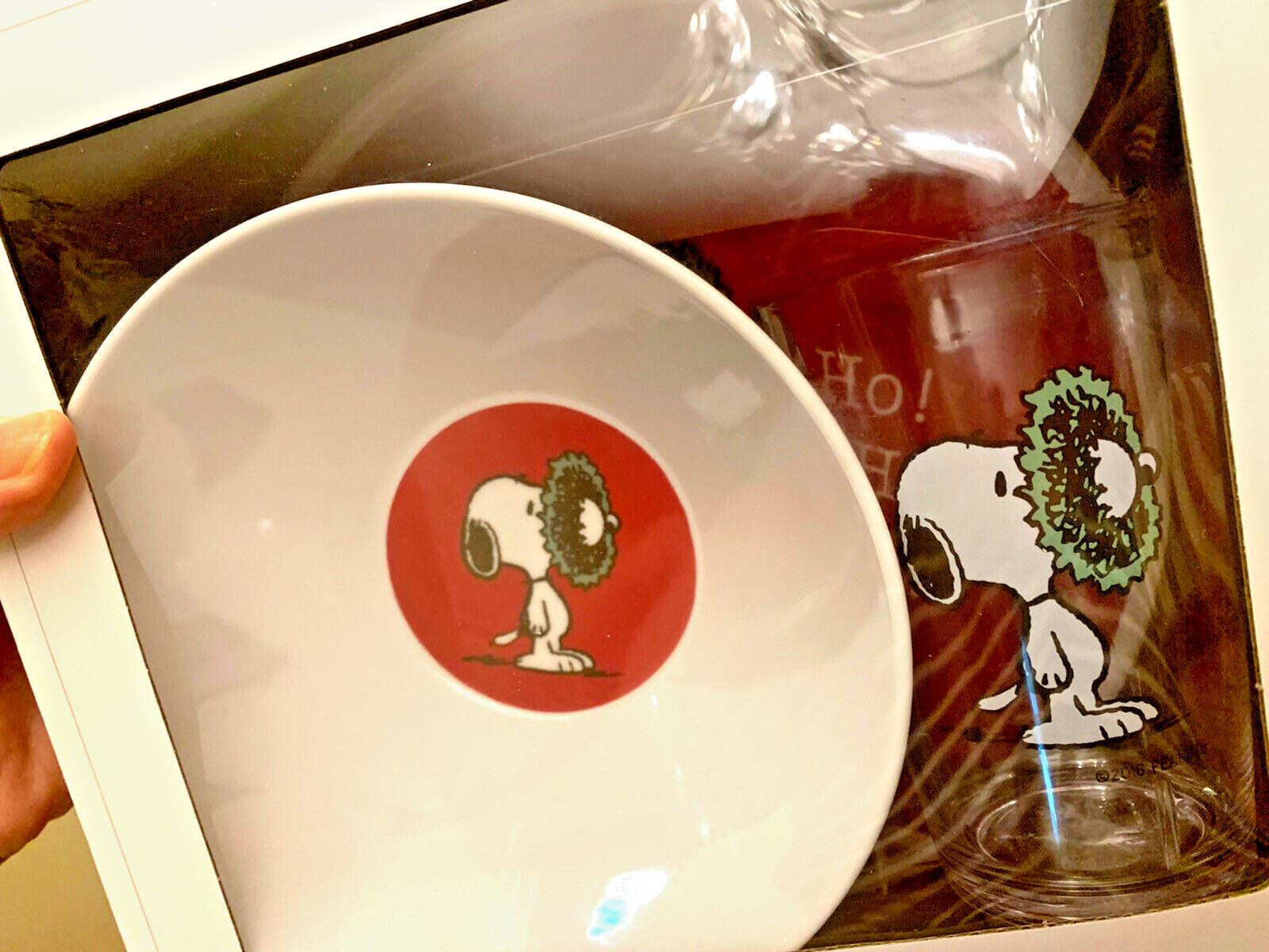 Snoopy Pottery Barn PLATE CUP BOWL school Christmas holiday GIFT peanuts SET 3 1