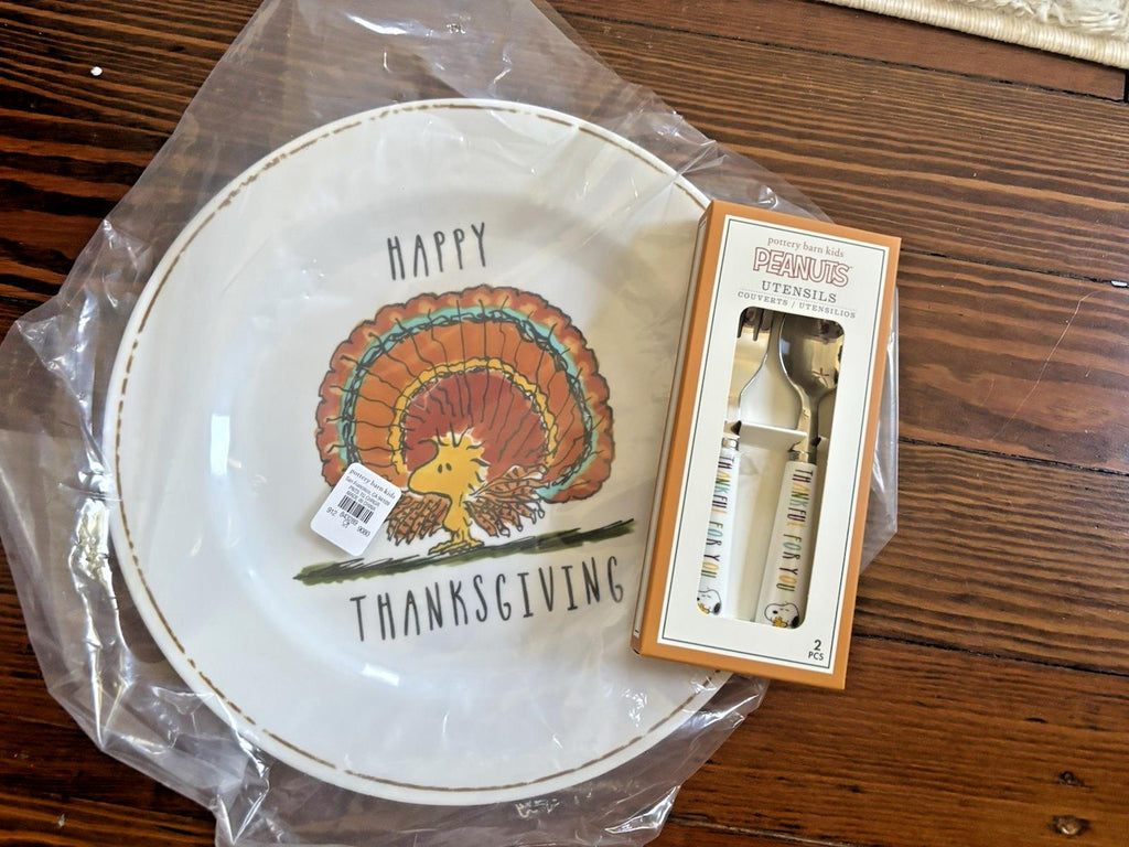 Pottery Barn snoopy peanuts holiday Thanksgiving party PLATE UTENSIL SET 8 !