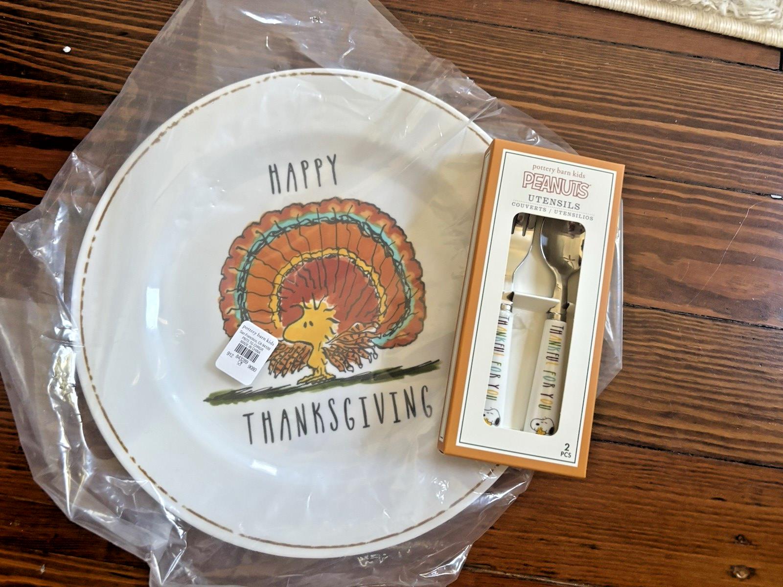 Pottery Barn snoopy peanuts holiday Thanksgiving party PLATE UTENSIL SET 8 !