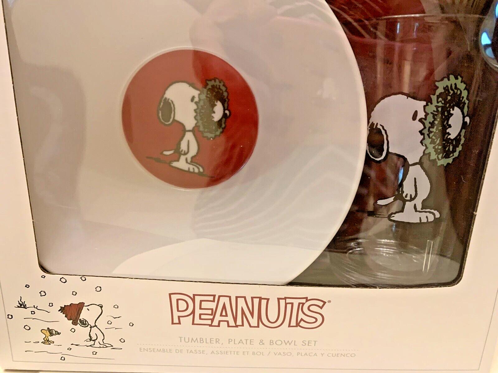 Snoopy Pottery Barn PLATE CUP BOWL school Christmas holiday GIFT peanuts SET 3 1