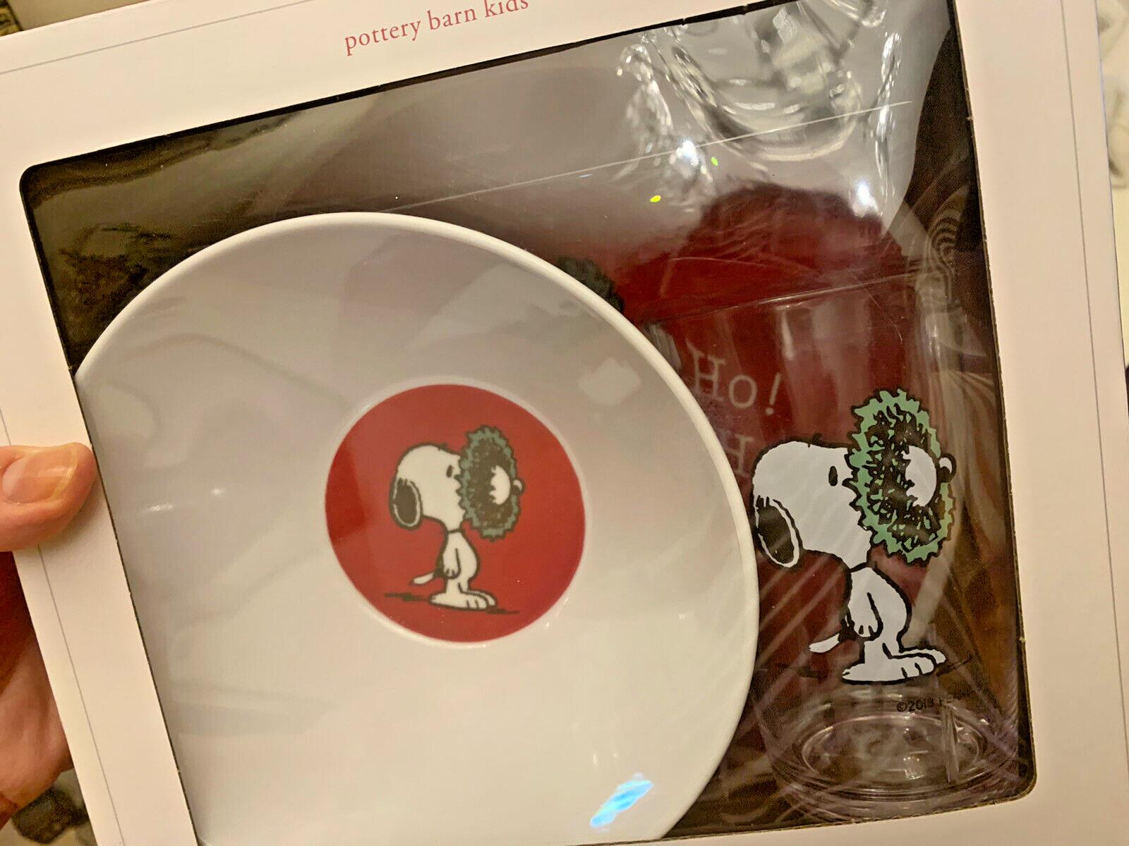 Snoopy Pottery Barn PLATE CUP BOWL school Christmas holiday GIFT peanuts SET 3 1