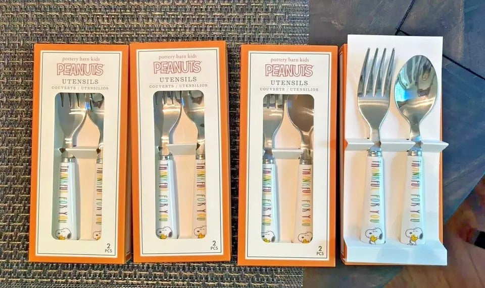 Pottery Barn snoopy peanuts holiday Thanksgiving party PLATE UTENSIL SET 8 !
