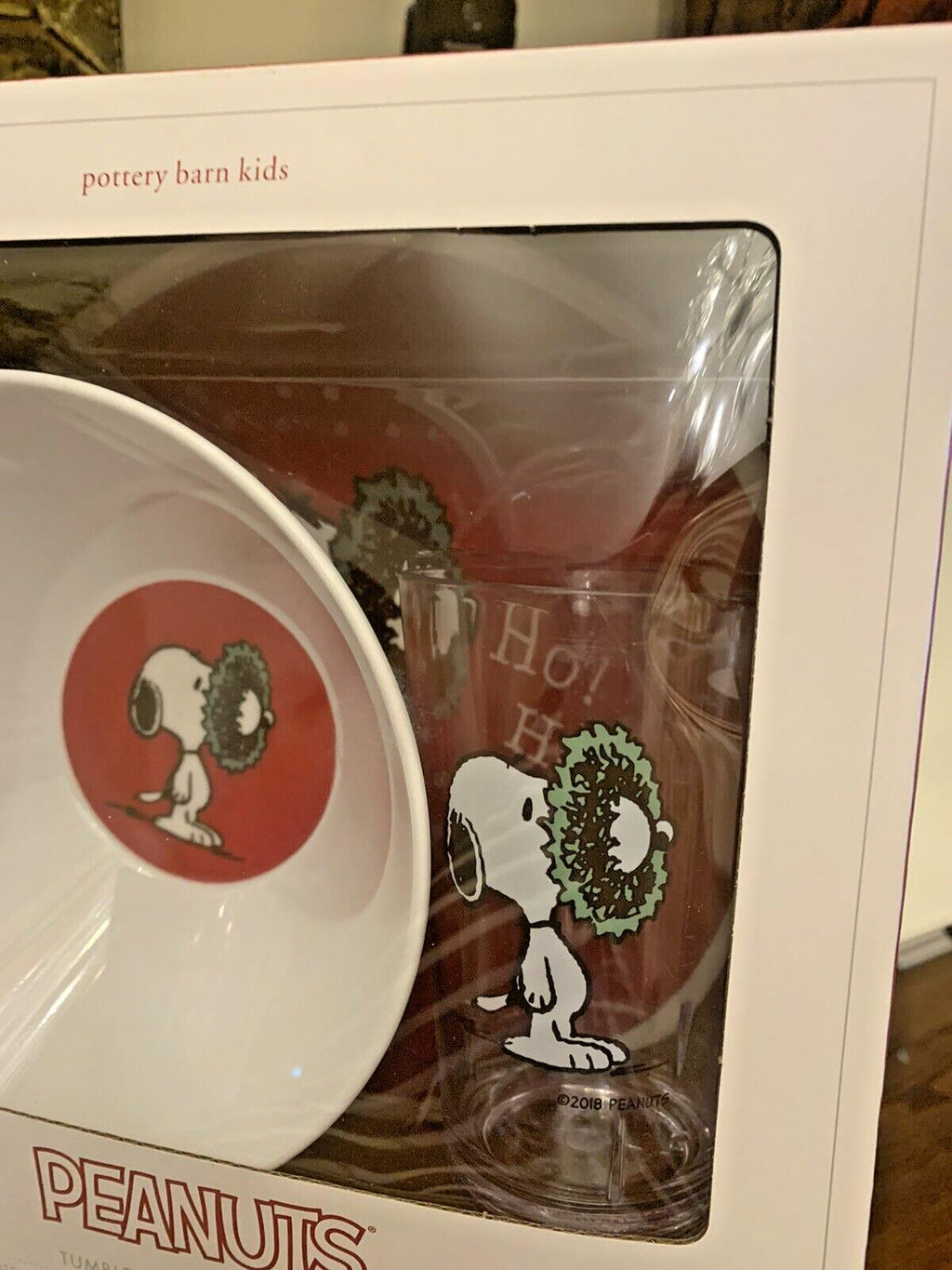 Snoopy Pottery Barn PLATE CUP BOWL school Christmas holiday GIFT peanuts SET 3 1