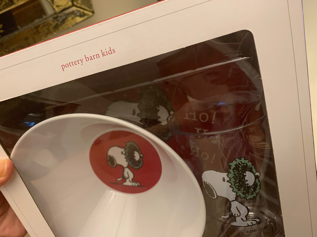 Snoopy Pottery Barn PLATE CUP BOWL school Christmas holiday GIFT peanuts SET 3 1