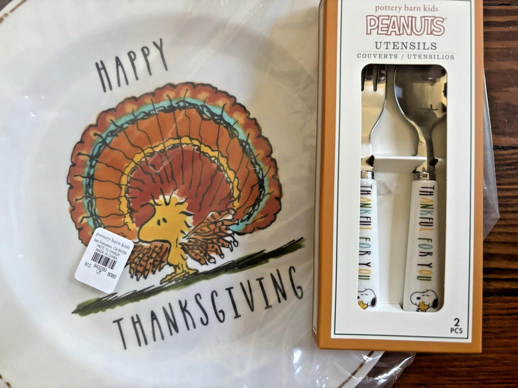 Pottery Barn snoopy peanuts holiday Thanksgiving party PLATE UTENSIL SET 8 !