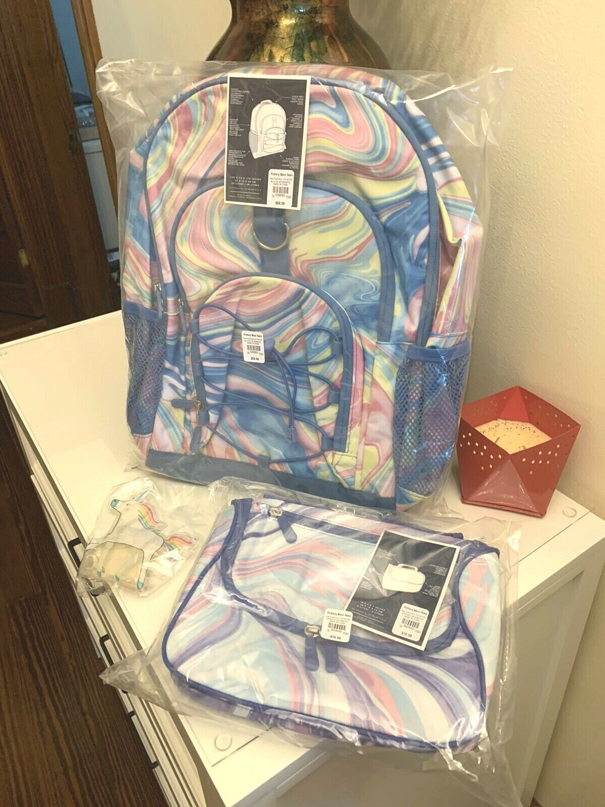 Pottery Barn school Disney LARGE backpack rainbow +LUNCH ?? TRAVEL BAG girl .