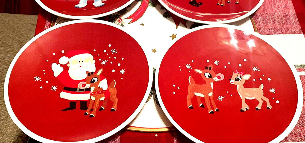 Pottery Barn holiday Rudolph Santa Christmas PLATE +UTENSIL Disney party SET 4 !