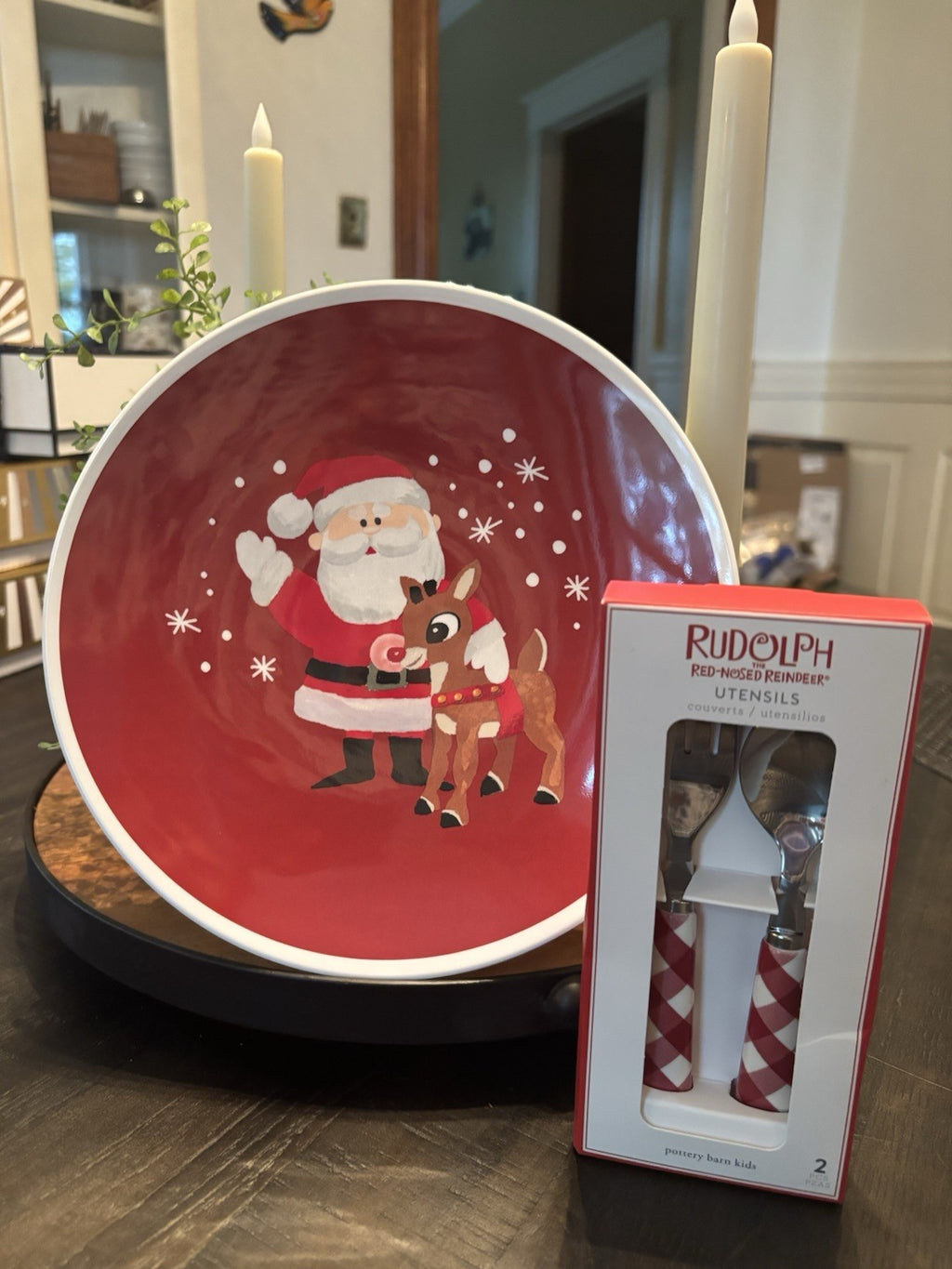 Pottery Barn holiday Rudolph Santa Christmas PLATE +UTENSIL Disney party SET 4 !