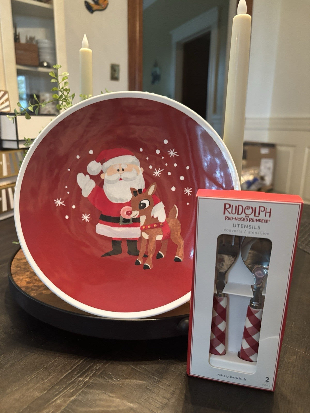 Pottery Barn holiday Rudolph Santa Christmas PLATE +UTENSIL Disney party SET 4 !