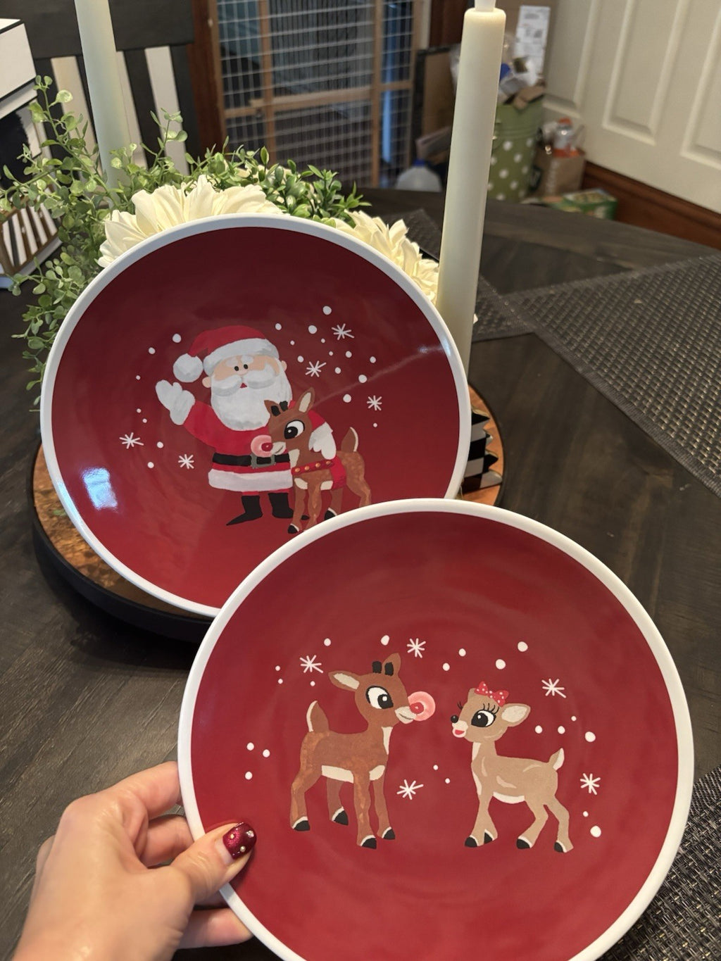 Pottery Barn holiday Rudolph Santa Christmas PLATE +UTENSIL Disney party SET 4 !