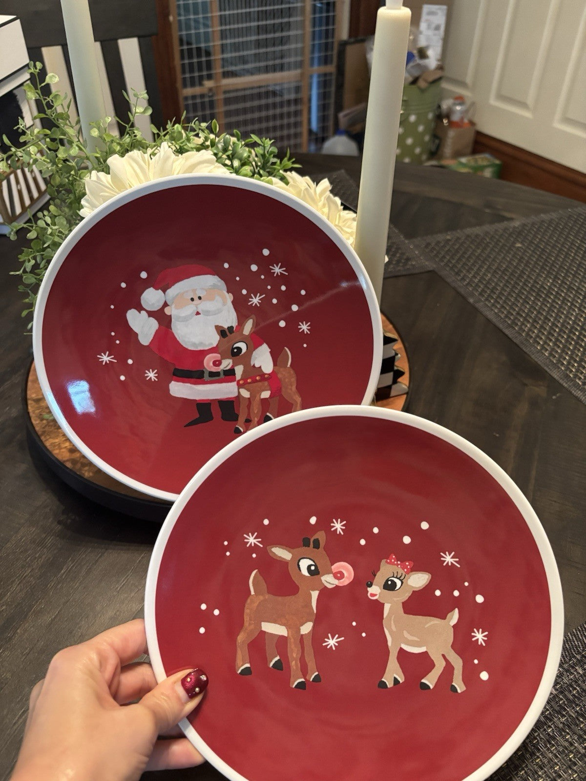 Pottery Barn holiday Rudolph Santa Christmas PLATE +UTENSIL Disney party SET 4 !