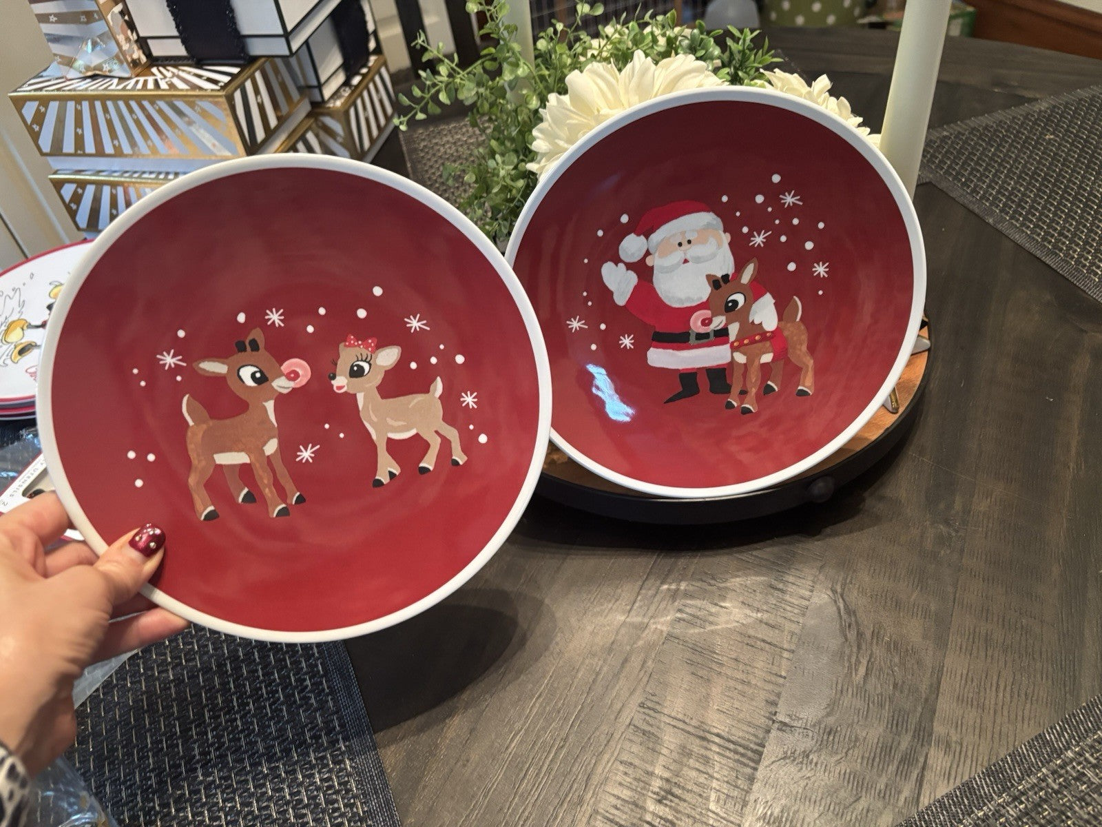 Pottery Barn holiday Rudolph Santa Christmas PLATE +UTENSIL Disney party SET 4 !