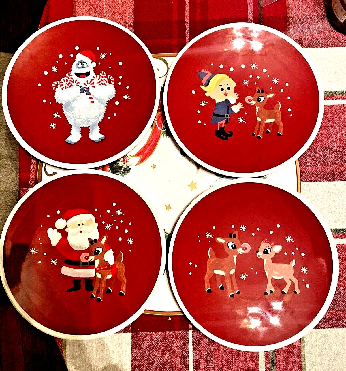 Rudolph Pottery Barn plate holiday party Santa Bumble Christmas Disney SET 4 -